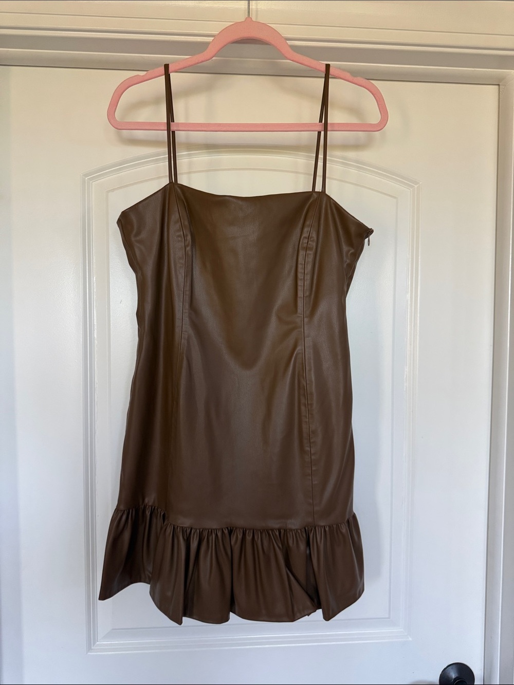 Zara Brown Faux Leather Ruffle-Hem Cami Dress